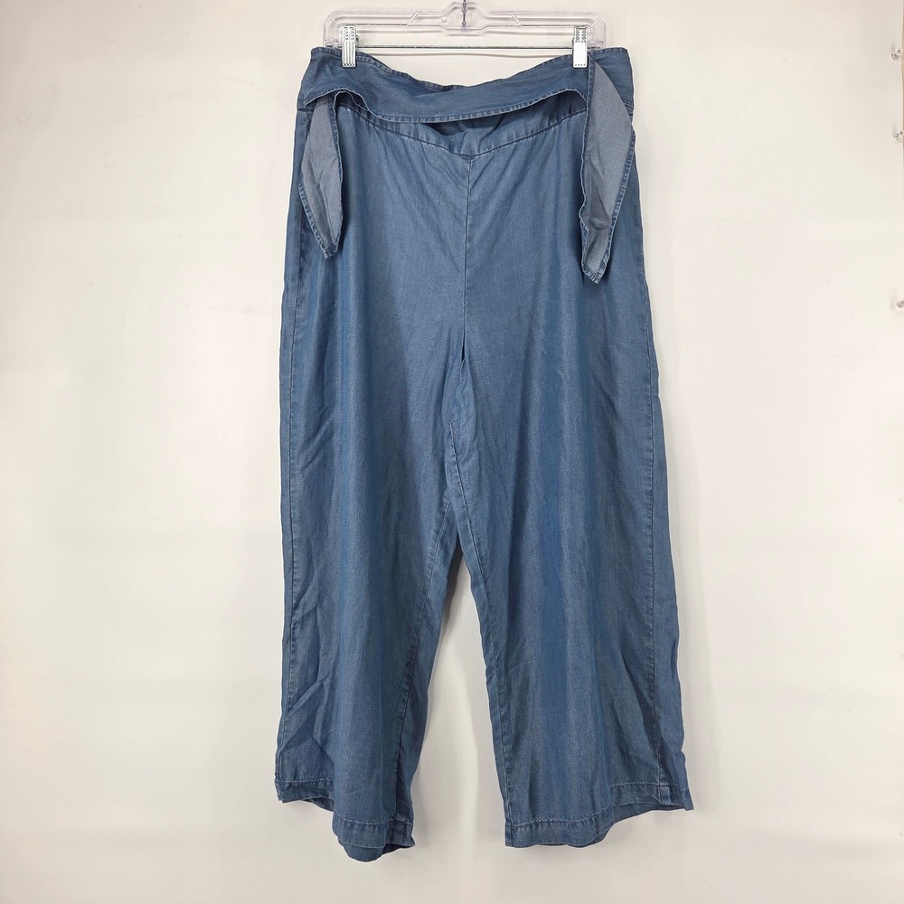 Cremieux Wide Leg Pants L Blue‎ Tencel Chambray Tie Waist Boho Eclectic Coastal